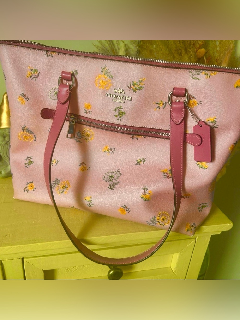 Coach Pink Floral Leather Tote Bag with Purple Handles